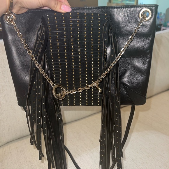 Jimmy Choo Chain Alexia Fringe Black Lambskin Leather Cross Body Bag - Picture 2 of 6